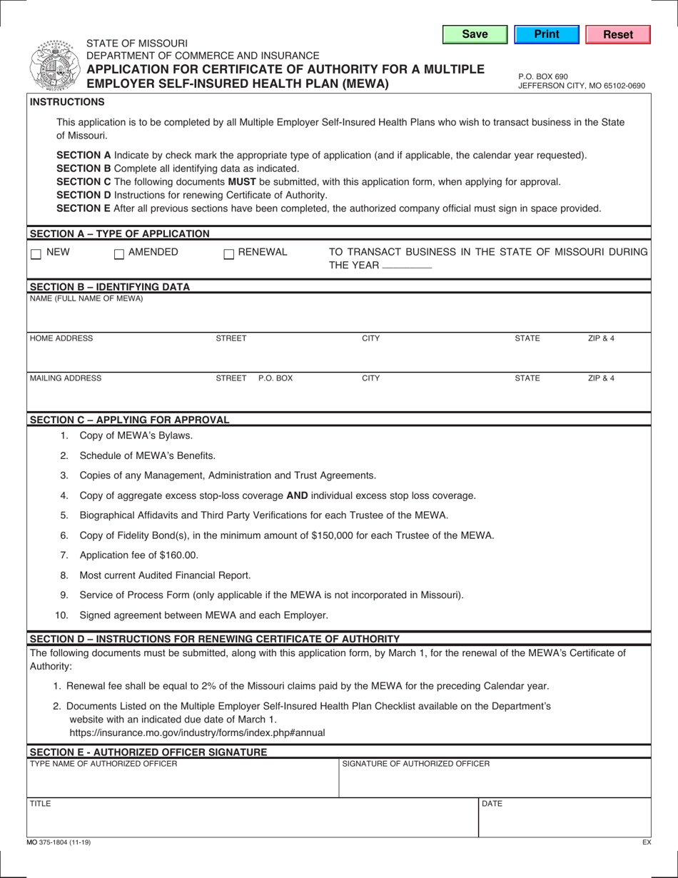 Form MO375-1804 Application for Certificate of Authority for a Multiple Employer Self-insured Jealth Plan (Mewa) - Missouri, Page 1