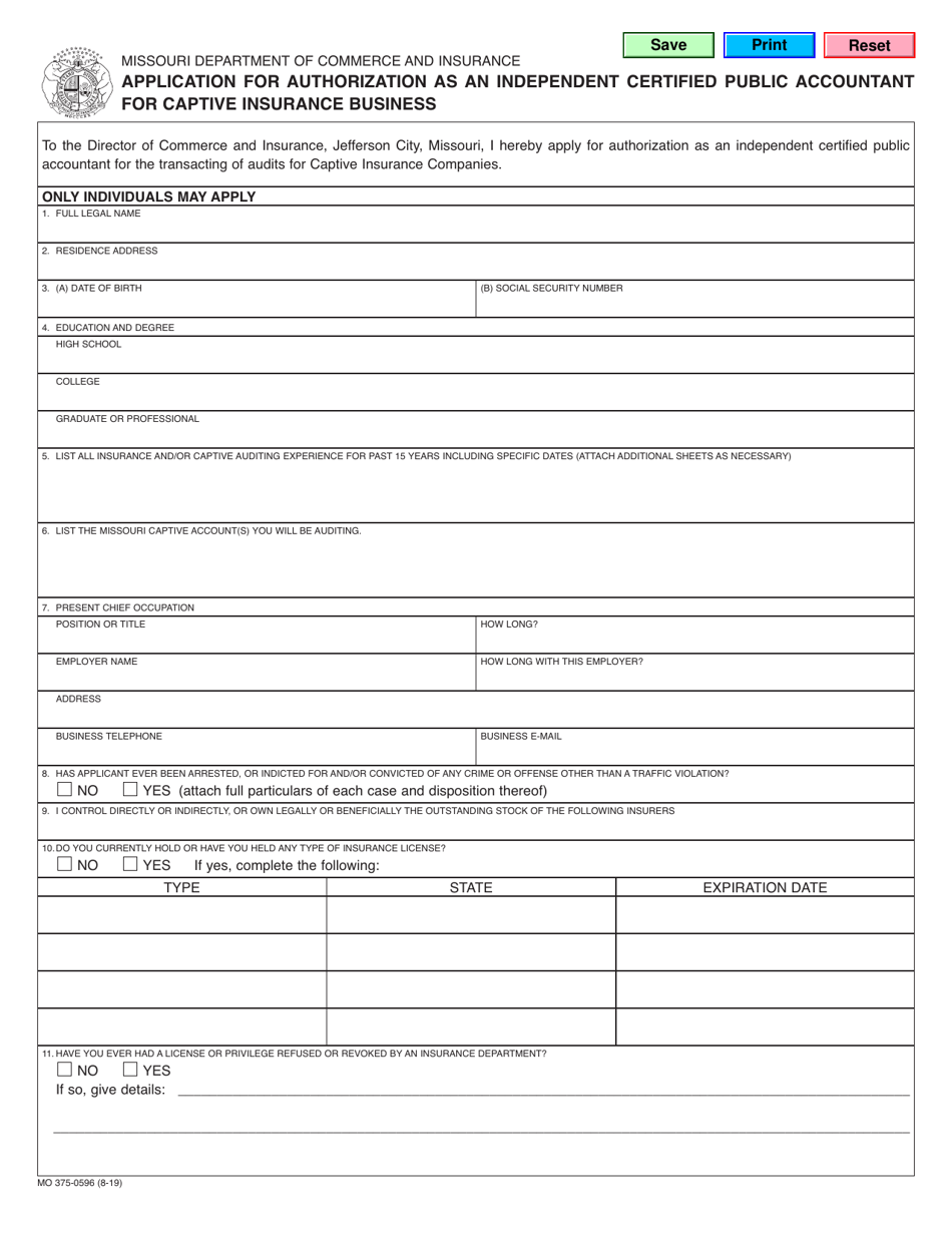 Form MO375-0596 Application for Authorization as an Independent Certified Public Accountant for Captive Insurance Business - Missouri, Page 1