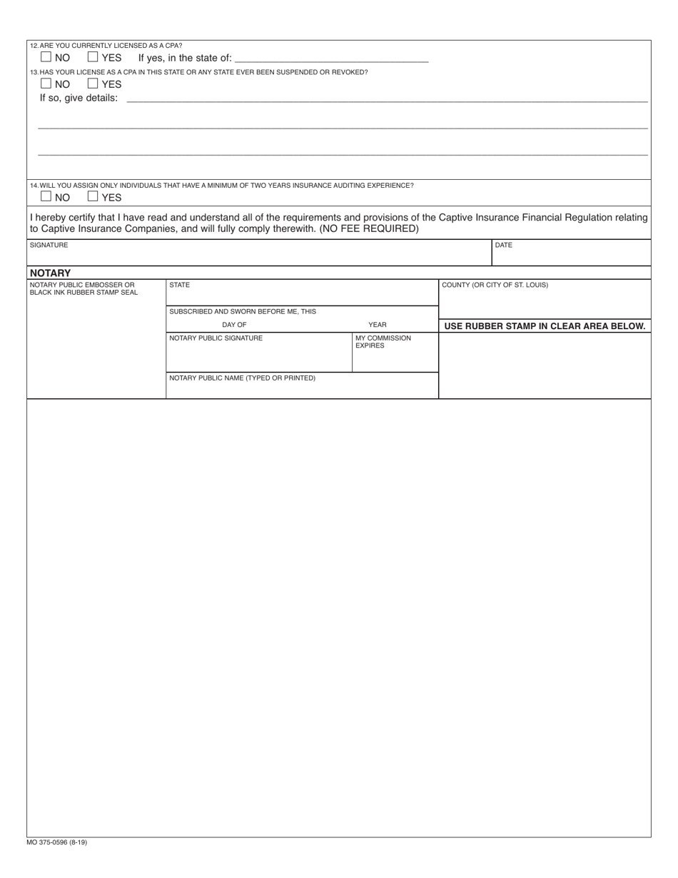 Form MO375-0596 Application for Authorization as an Independent Certified Public Accountant for Captive Insurance Business - Missouri, Page 2