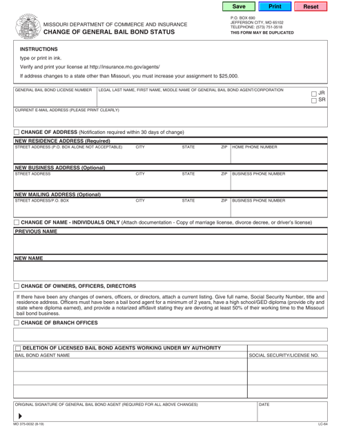 Form MO375-0032 Change of General Bail Bond Status - Missouri
