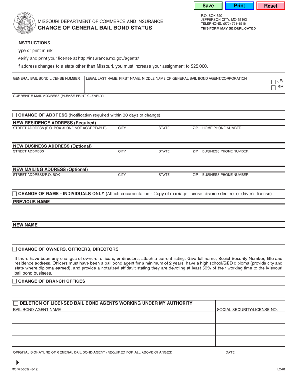 form mo375 0032 download fillable pdf or fill online change of general bail bond status missouri templateroller