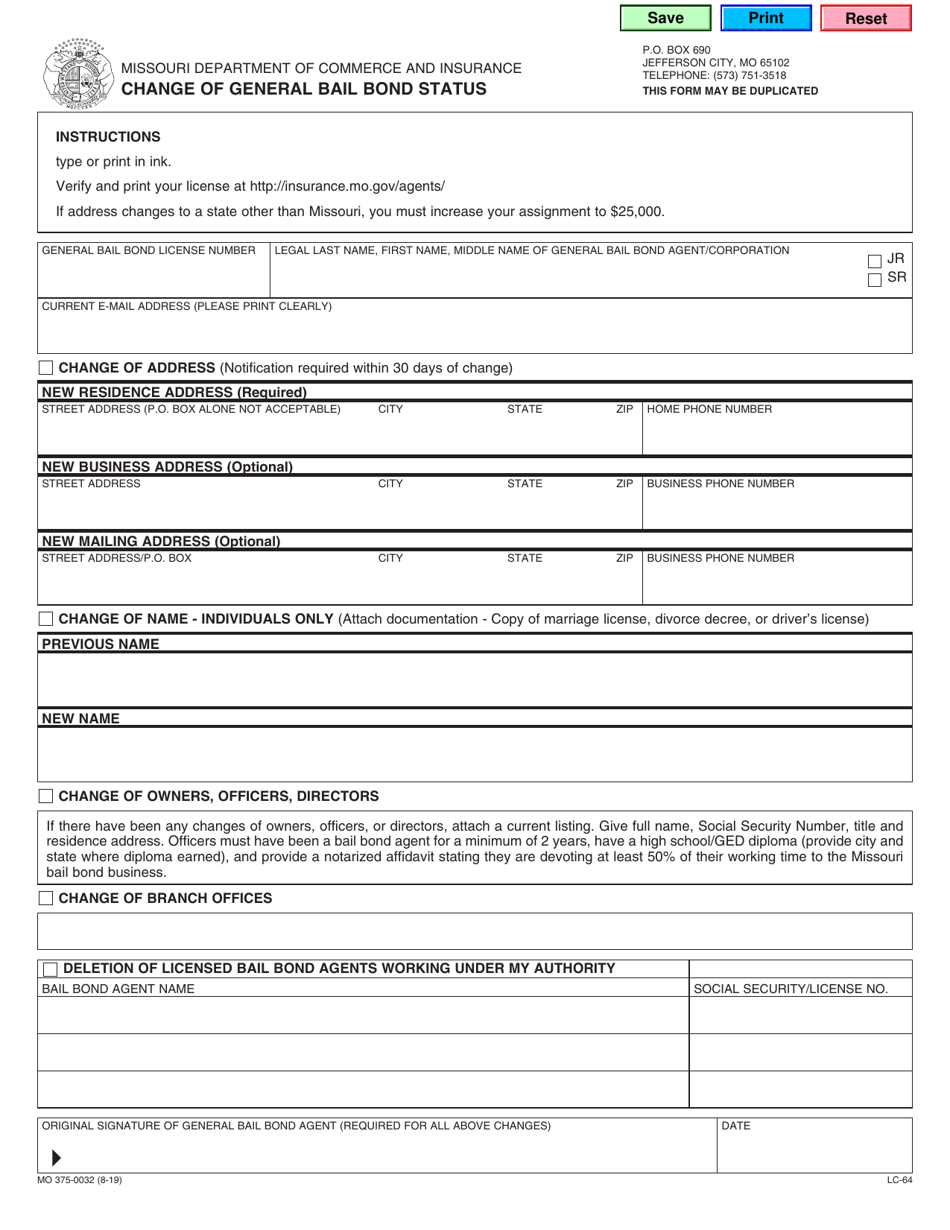 Form MO375-0032 Change of General Bail Bond Status - Missouri, Page 1