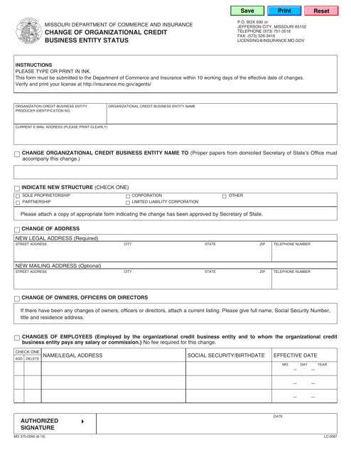 Form MO375-0099 Change of Organizational Credit Business Entity Status - Missouri