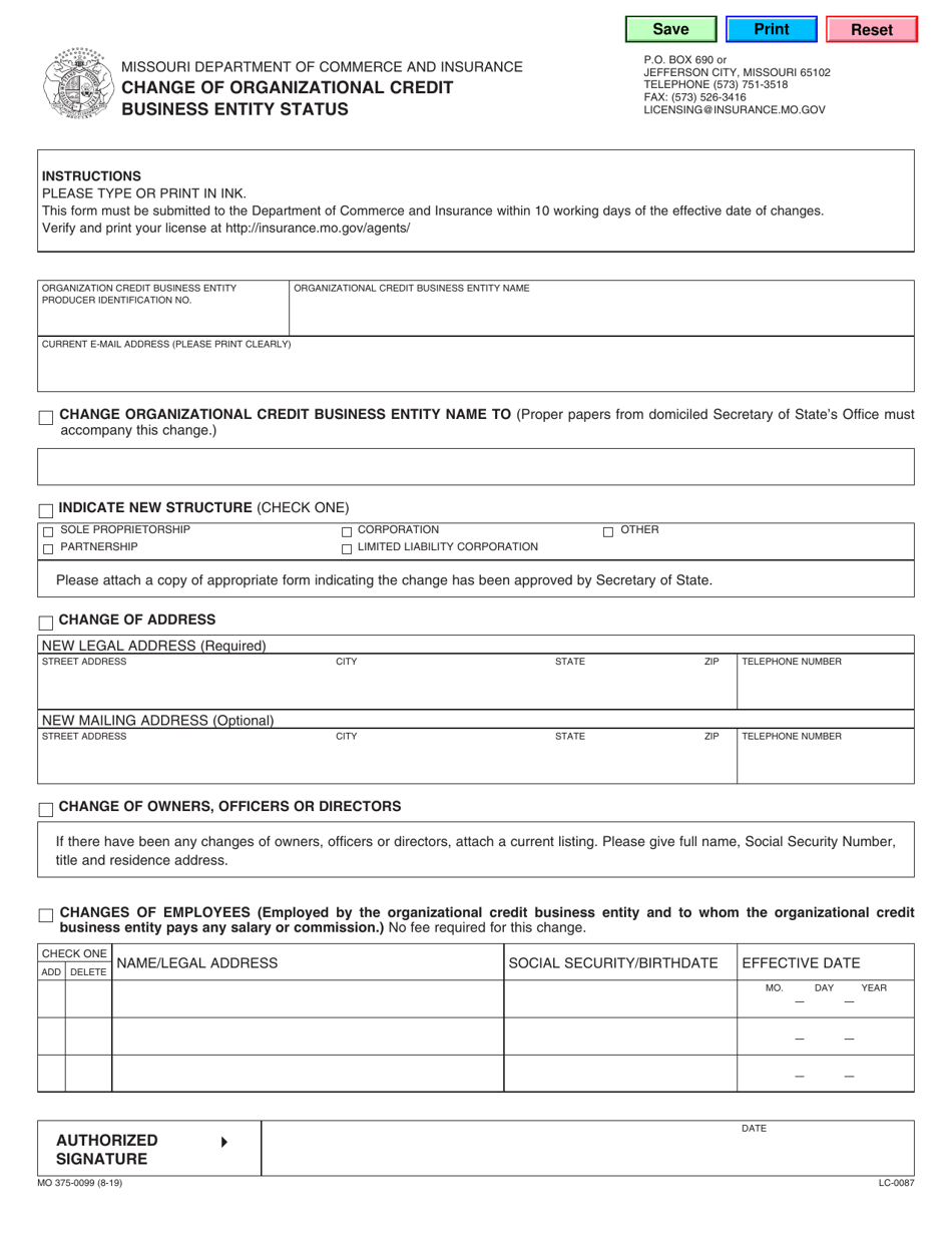 Form MO375-0099 Change of Organizational Credit Business Entity Status - Missouri, Page 1