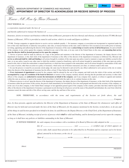 Form MO375-0462 Appointment of Director to Acknowledge or Receive Service of Process - Missouri