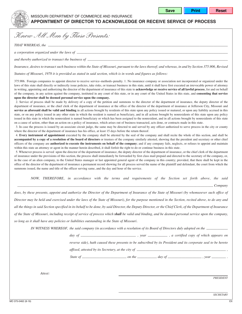 Form MO375-0462 Appointment of Director to Acknowledge or Receive Service of Process - Missouri, Page 1