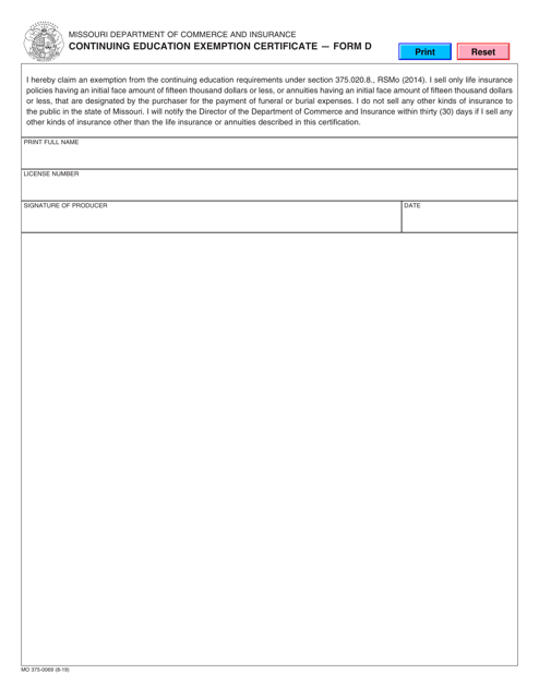 Form D (MO375-0069) Continuing Education Exemption Certificate - Missouri