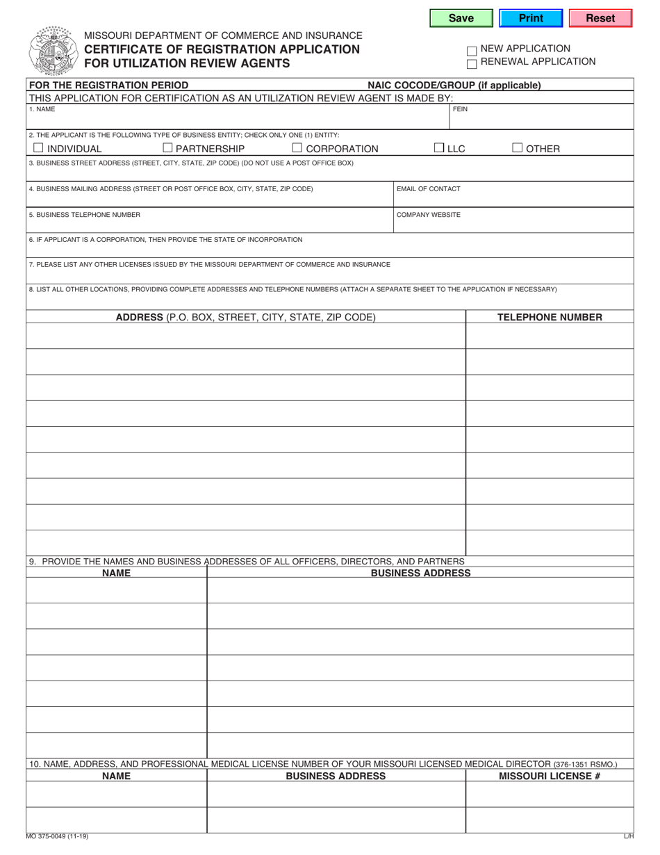Form MO375-0049 Certificate of Registration Application for Utilization Review Agents - Missouri, Page 1