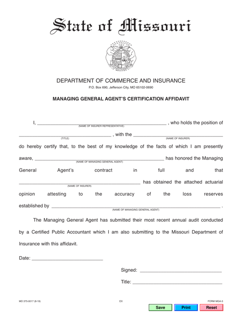 Form MO375-0017 Managing General Agent's Certification Affidavit - Missouri