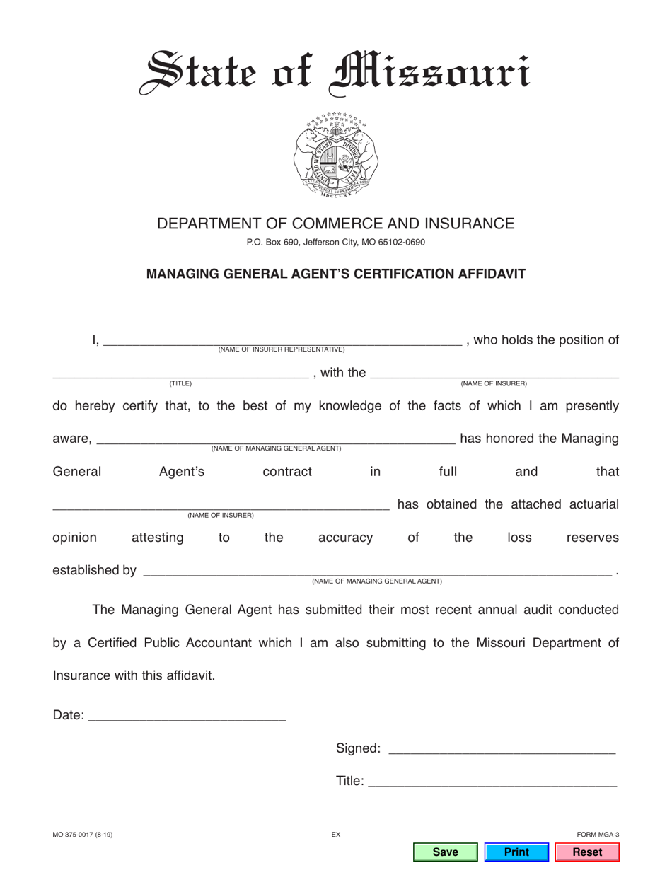 Form MO375-0017 Managing General Agents Certification Affidavit - Missouri, Page 1