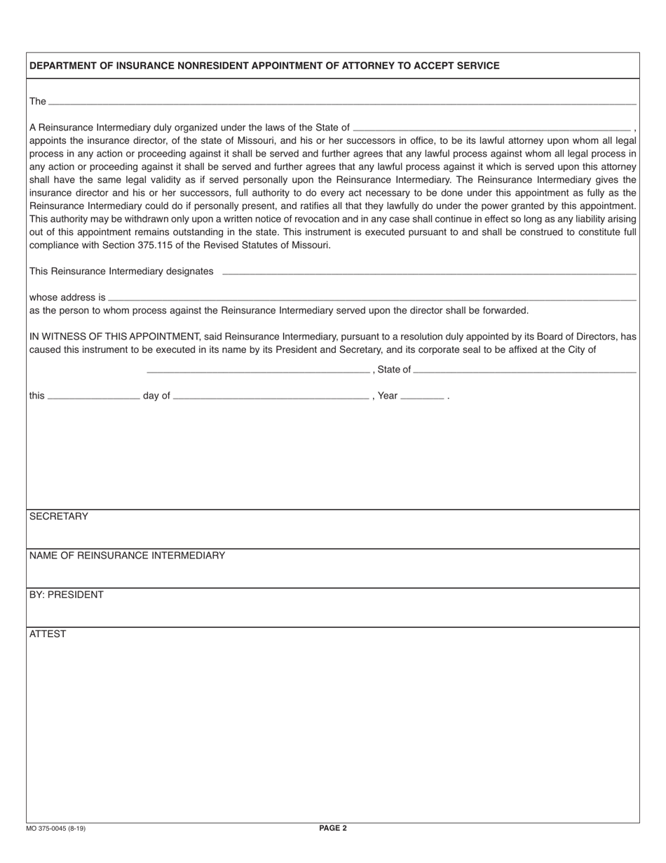 Form MO375-0045 Reinsurance Intermediary Application - Missouri, Page 5