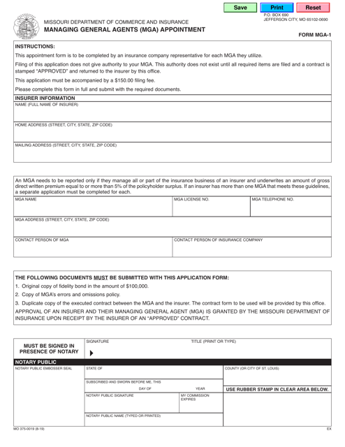 Form MGA-1 (MO375-0019) Managing General Agents (Mga) Appointment - Missouri