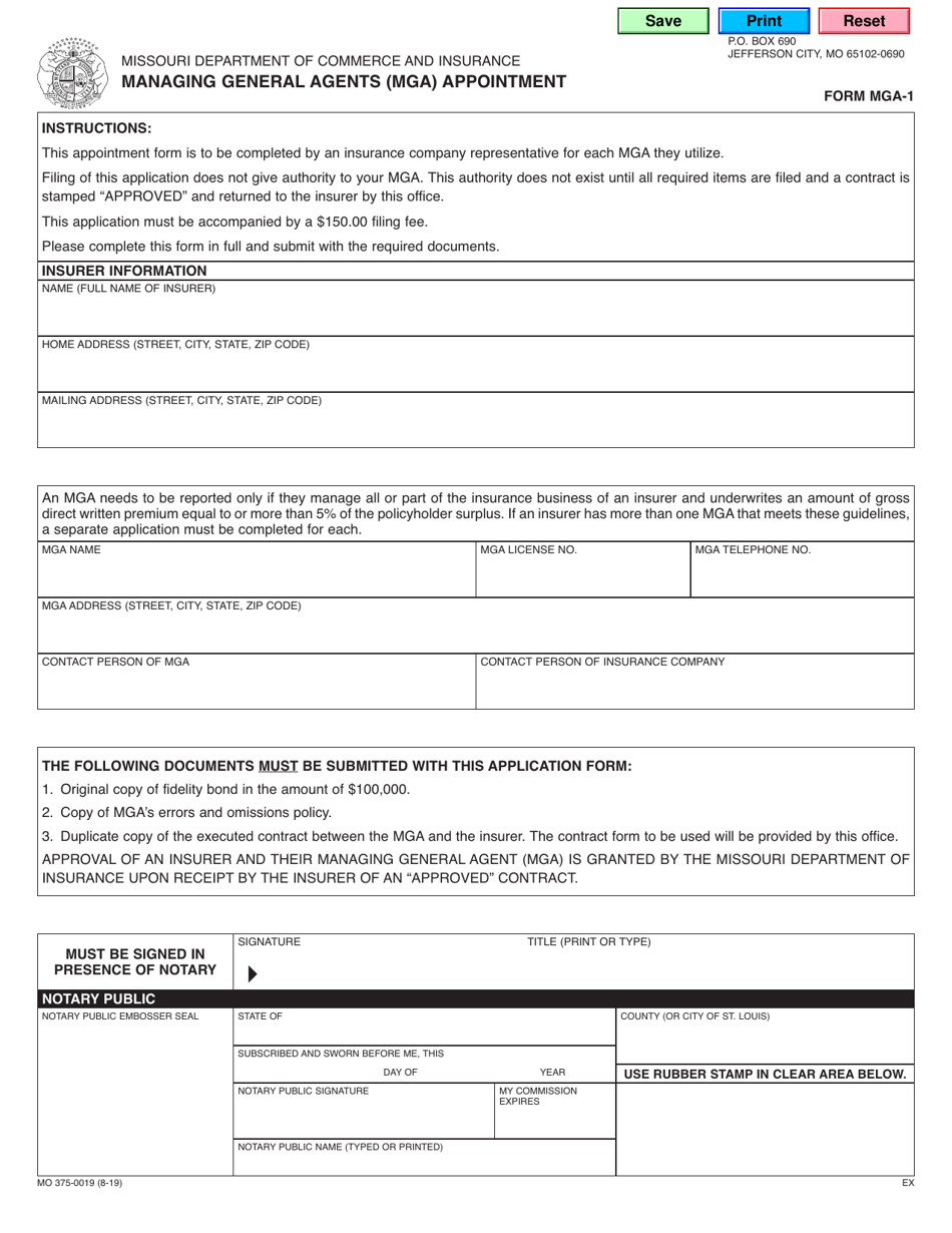 Form MGA-1 (MO375-0019) Managing General Agents (Mga) Appointment - Missouri, Page 1