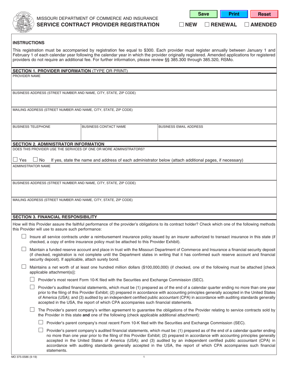Form MO375-0586 Service Contract Provider Registration - Missouri, Page 1
