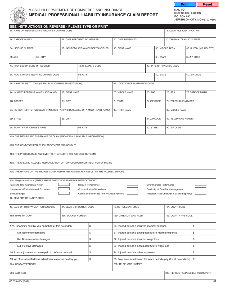 Form MO375-0304 Medical Professional Liability Insurance Claim Report - Missouri, Page 1