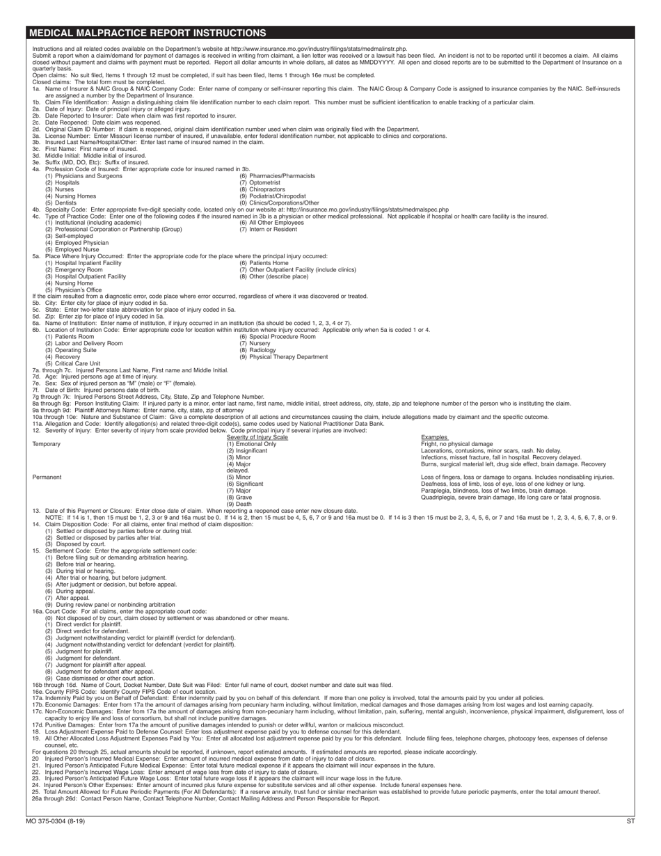 Form MO375-0304 Medical Professional Liability Insurance Claim Report - Missouri, Page 2
