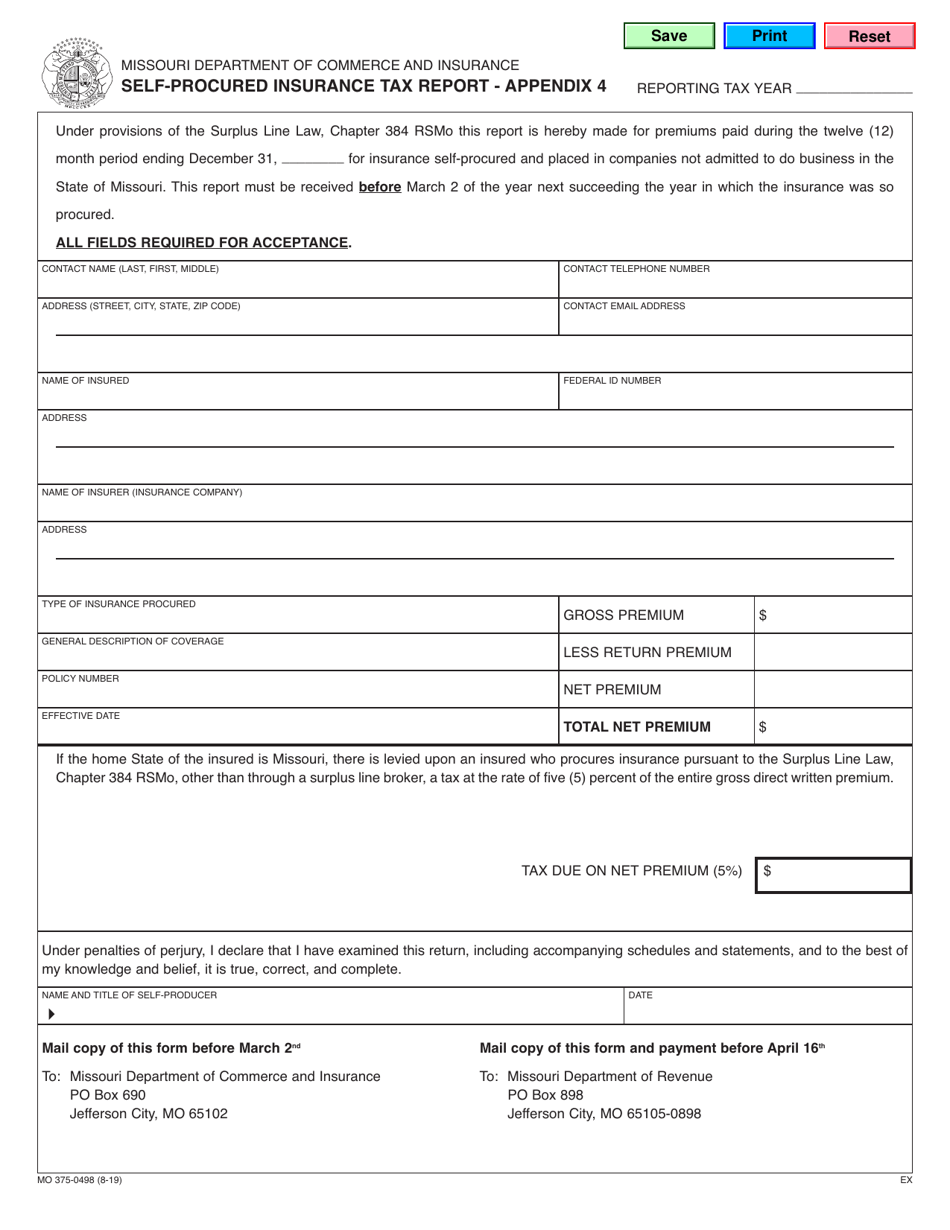 Form MO375-0498 Appendix 4 Self-procured Insurance Tax Report - Missouri, Page 1