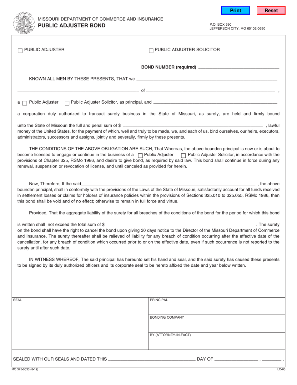Form MO375-0033 Public Adjuster Bond - Missouri, Page 1