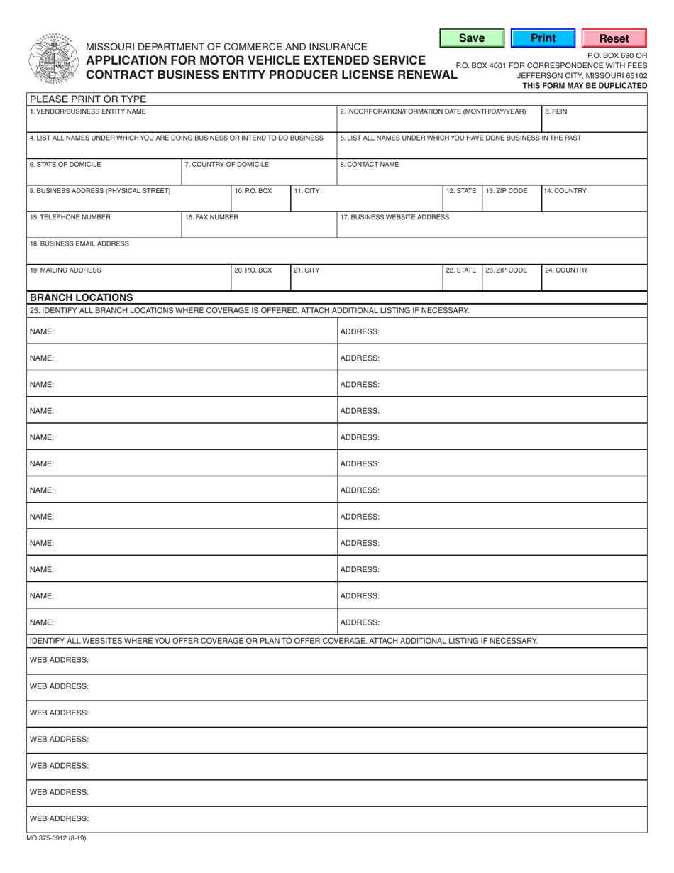 Form MO375-0912 Application for Motor Vehicle Extended Service Contract Business Entity Producer License Renewal - Missouri, Page 1
