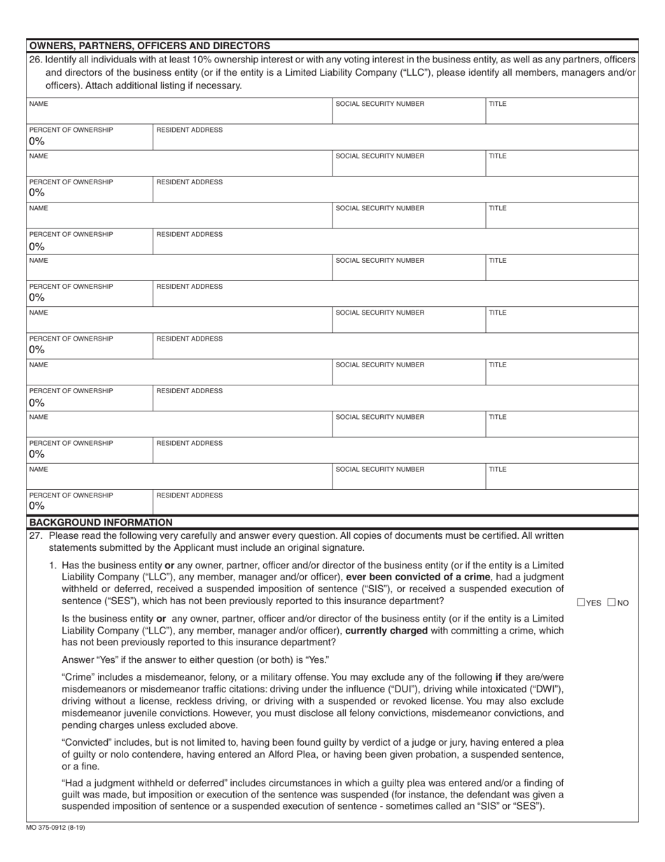 Form MO375-0912 Application for Motor Vehicle Extended Service Contract Business Entity Producer License Renewal - Missouri, Page 2