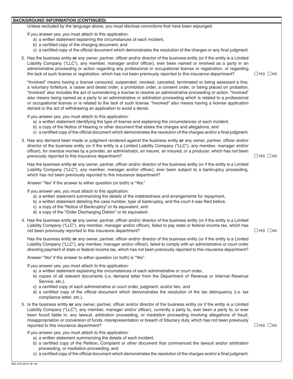 Form MO375-0912 Application for Motor Vehicle Extended Service Contract Business Entity Producer License Renewal - Missouri, Page 3