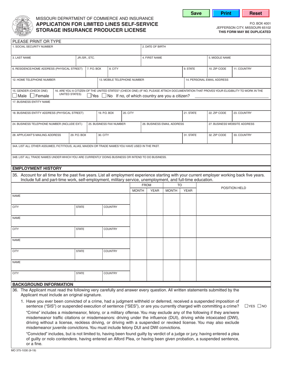Form MO375-1030 Application for Limited Lines Self-service Storage Insurance Producer License - Missouri, Page 1