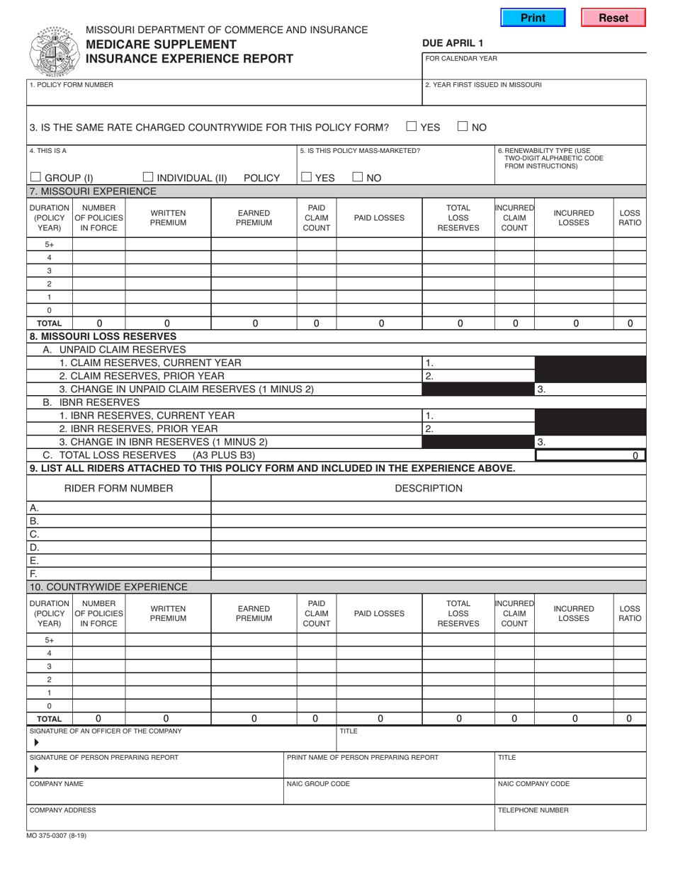 Form MO375-0307 Medicare Supplement Insurance Experience Report - Missouri, Page 1