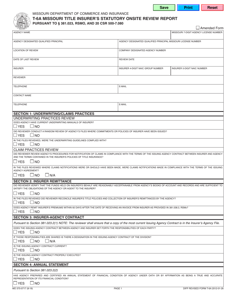 Form T-6A (MO375-0717) Missouri Title Insurers Statutory Onsite Review Report - Missouri, Page 1