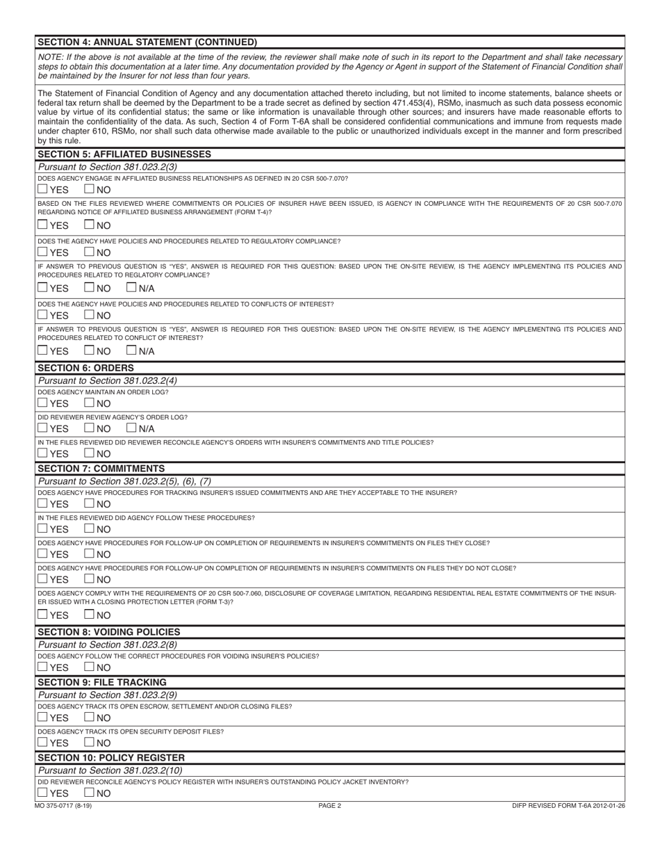 Form T-6A (MO375-0717) Missouri Title Insurers Statutory Onsite Review Report - Missouri, Page 2