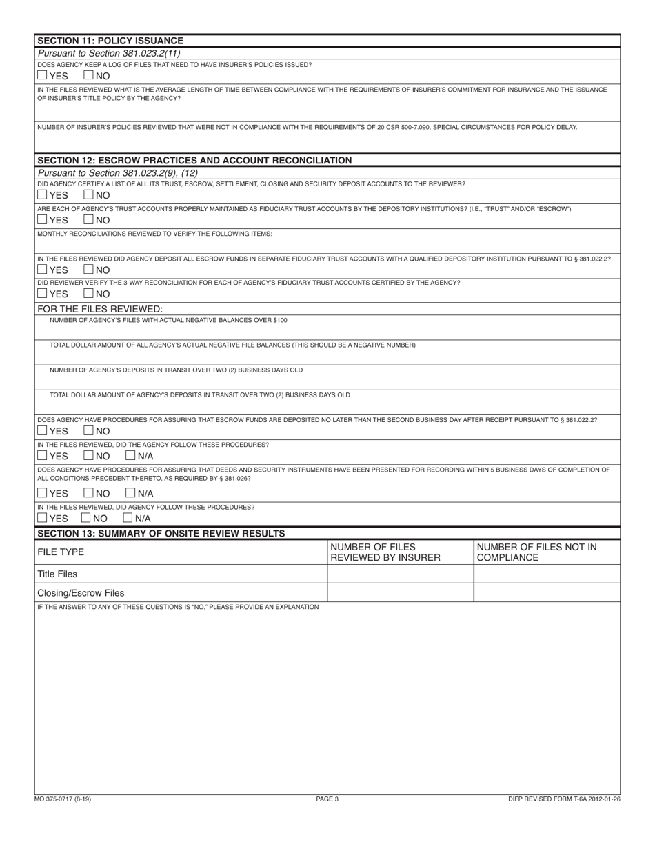 Form T-6A (MO375-0717) Missouri Title Insurers Statutory Onsite Review Report - Missouri, Page 3