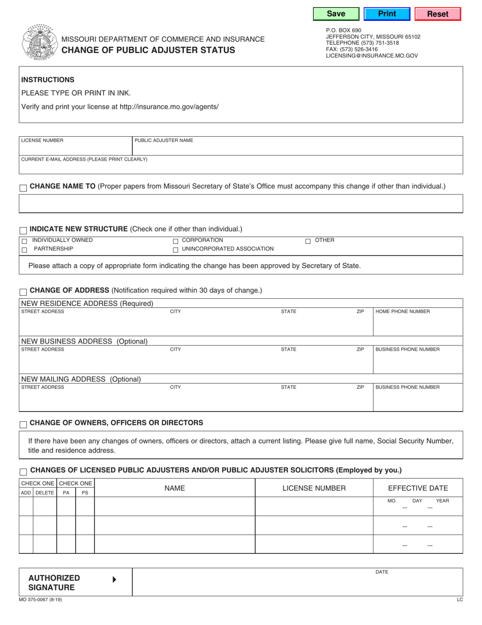 Form MO375-0067 Change of Public Adjuster Status - Missouri, Page 1