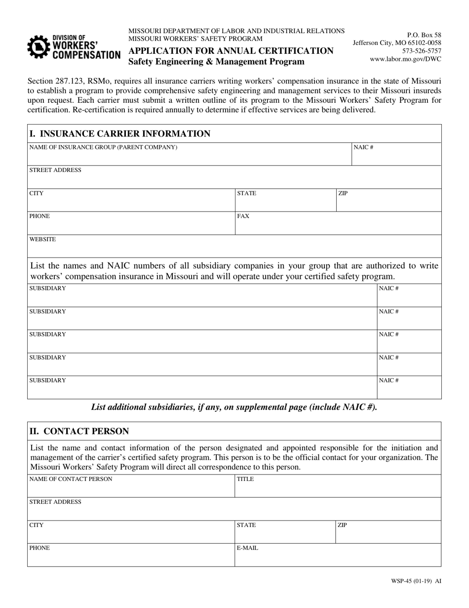 Form WSP-45 Application for Annual Certification - Missouri, Page 1