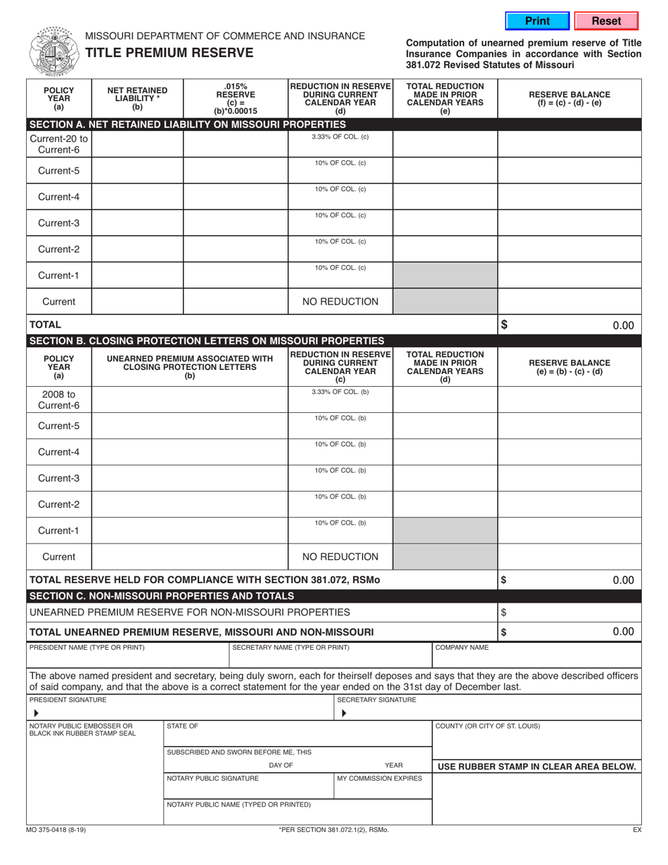 Form MO375-0418 Title Premium Reserve - Missouri, Page 1