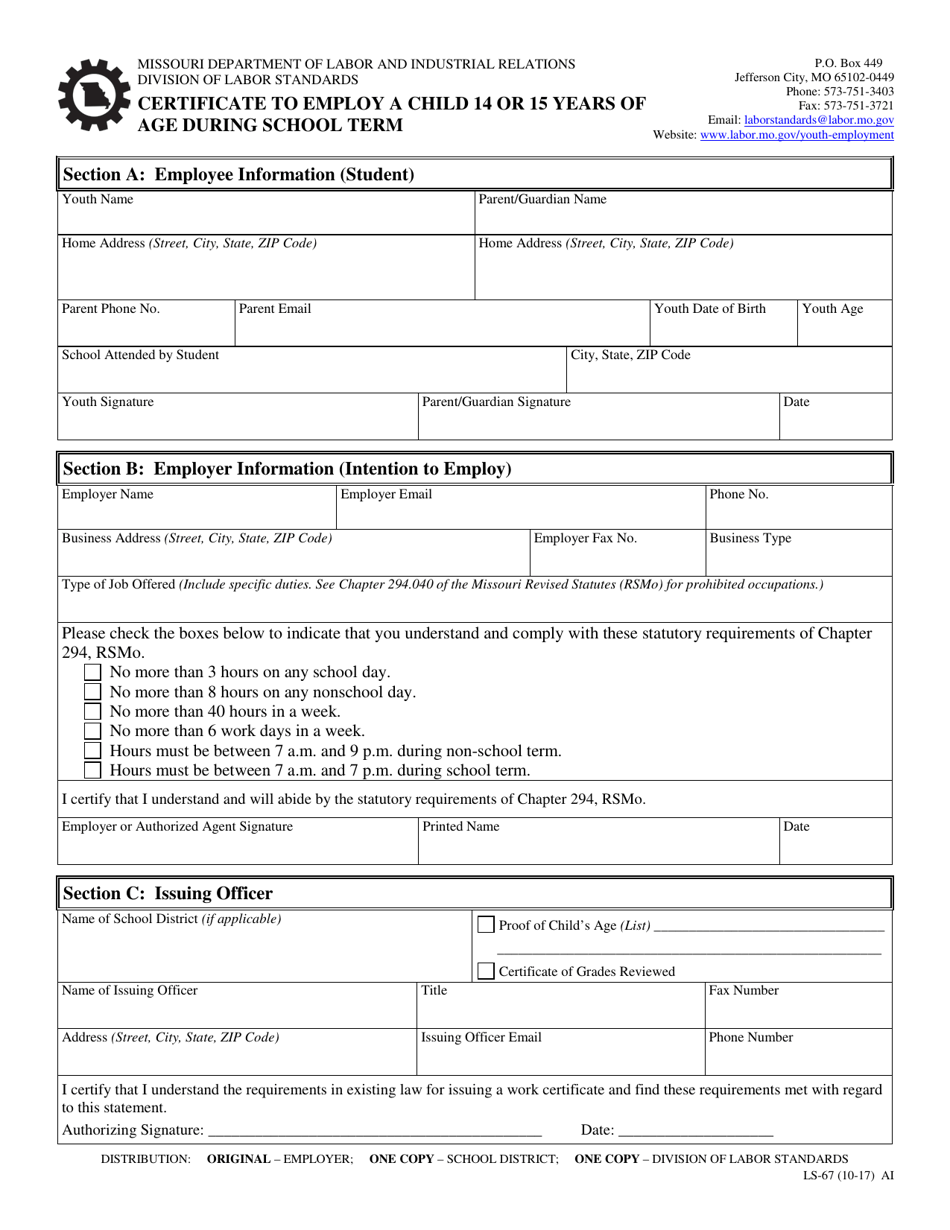 Form LS-67 Certificate to Employ a Child 14 or 15 Years of Age During School Term - Missouri, Page 1