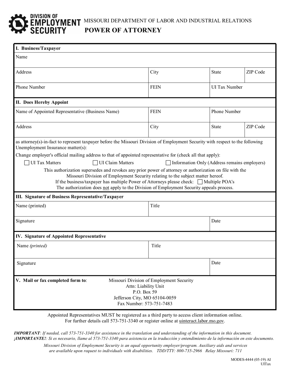 Form MODES-4444 Power of Attorney - Missouri, Page 1