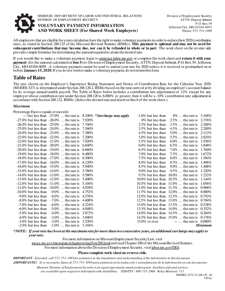 Form MODES-2272-4-I Voluntary Payment (Shared Work Employers) - Missouri, Page 1