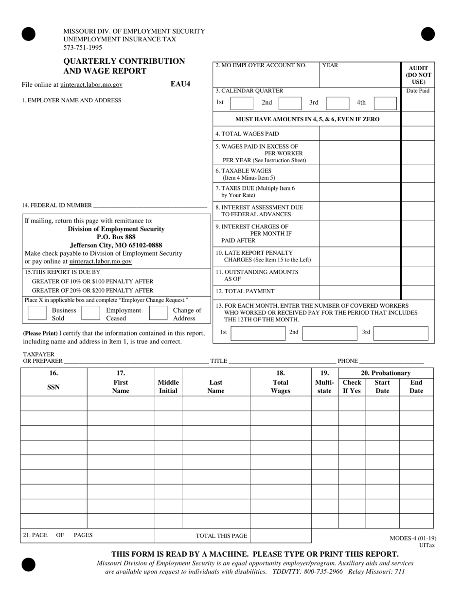 Form MODES-4 Quarterly Contribution and Wage Report - Missouri, Page 1