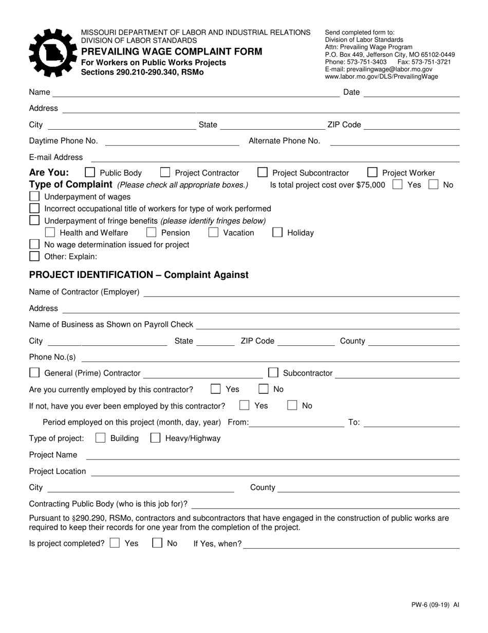 Form PW-6 Prevailing Wage Complaint Form - Missouri, Page 1