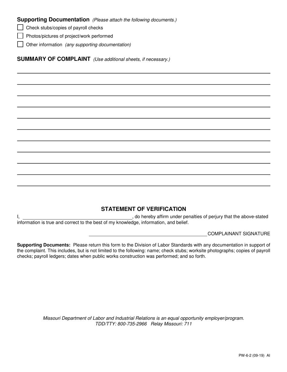 Form PW-6 Prevailing Wage Complaint Form - Missouri, Page 2