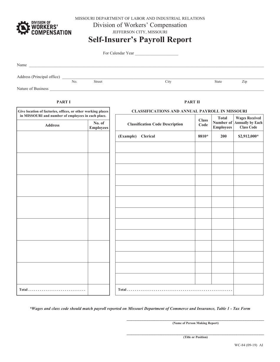 Form WC-84 Self-insurers Payroll Report - Missouri, Page 1