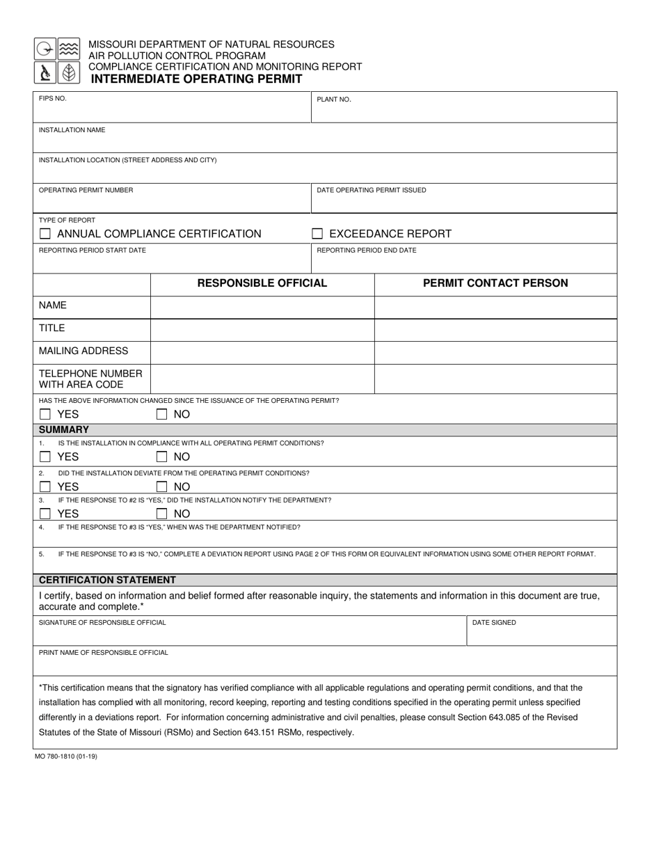Form MO780-1810 Intermediate Operating Permit - Missouri, Page 1