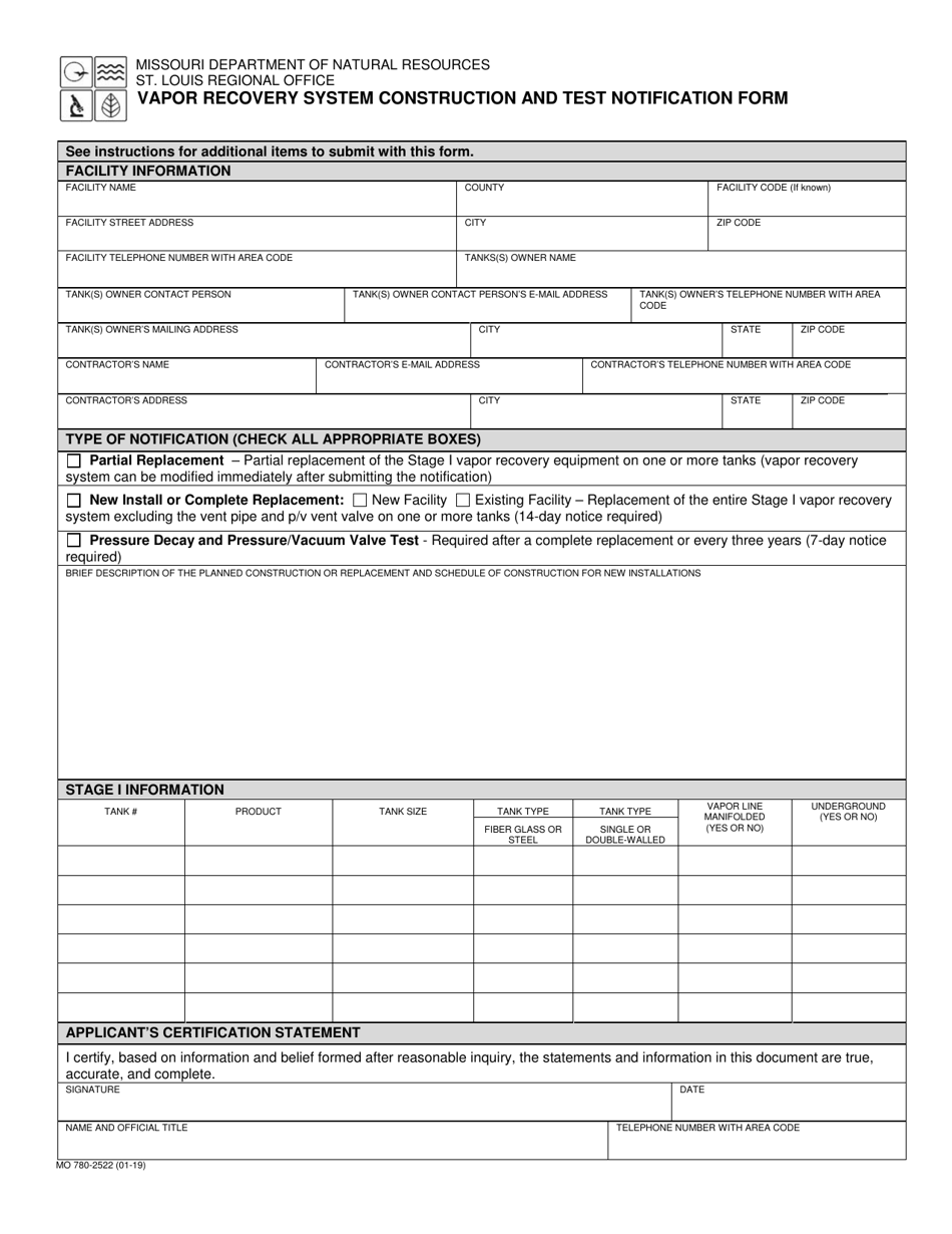 Form MO780-2522 Vapor Recovery System Construction and Test Notification Form - Missouri, Page 1