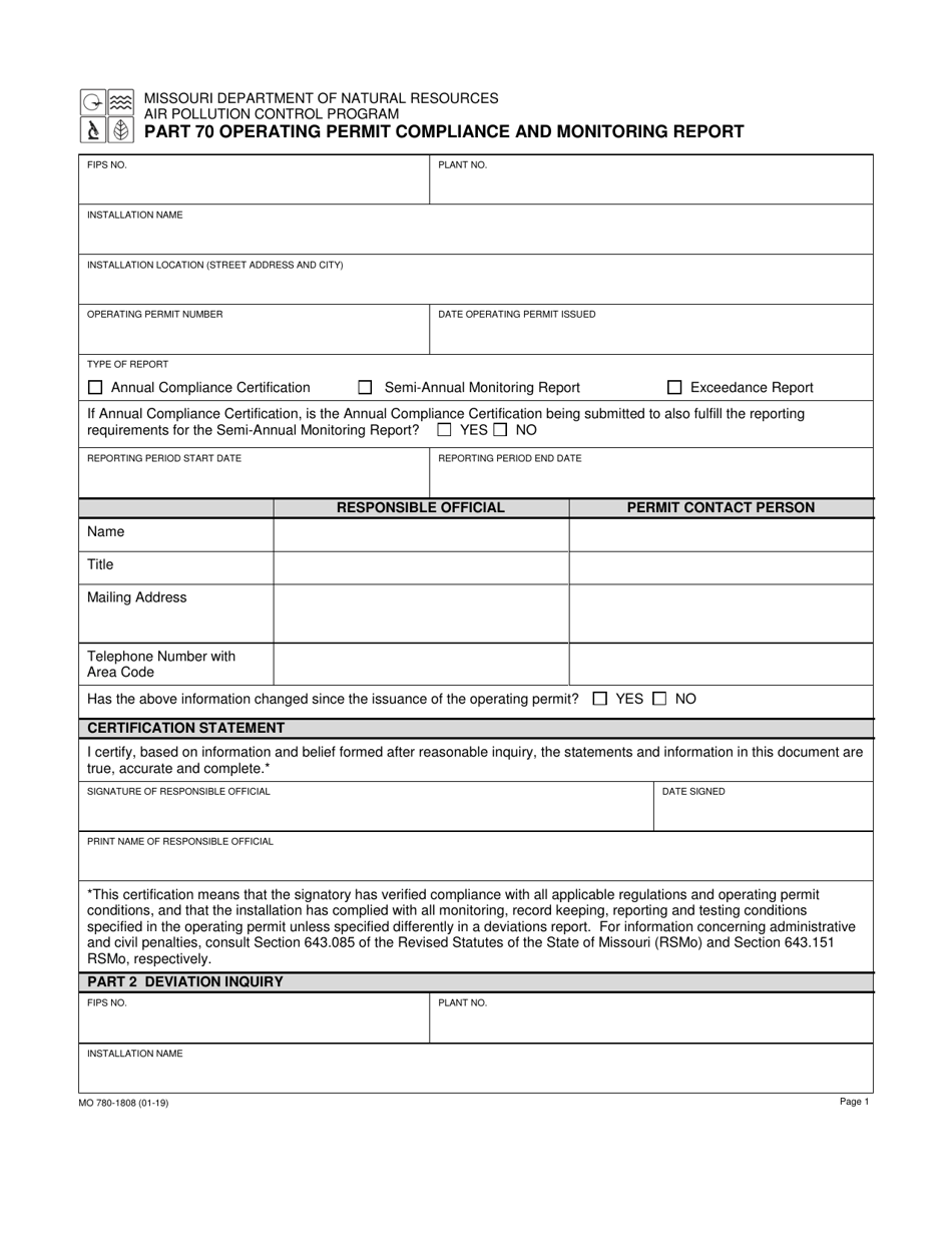 Form MO780-1808 Part 70 Operating Permit Compliance and Monitoring Report - Missouri, Page 1