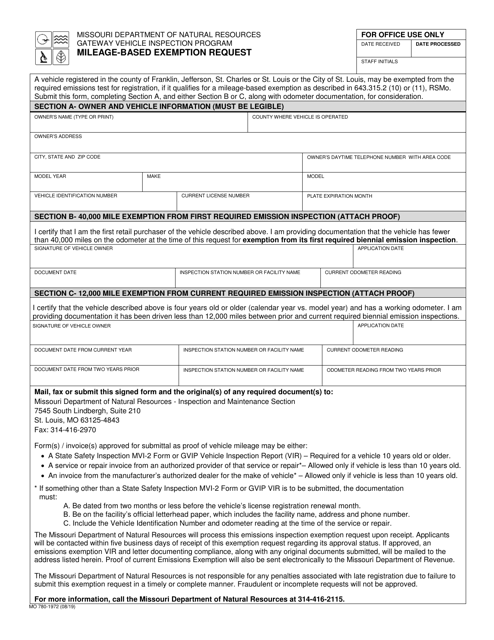 Form MO780-1972 Mileage-Based Exemption Request - Missouri