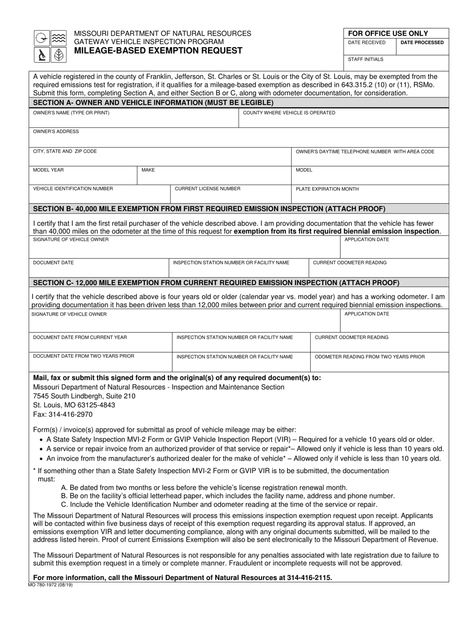 Form MO780-1972 Mileage-Based Exemption Request - Missouri, Page 1