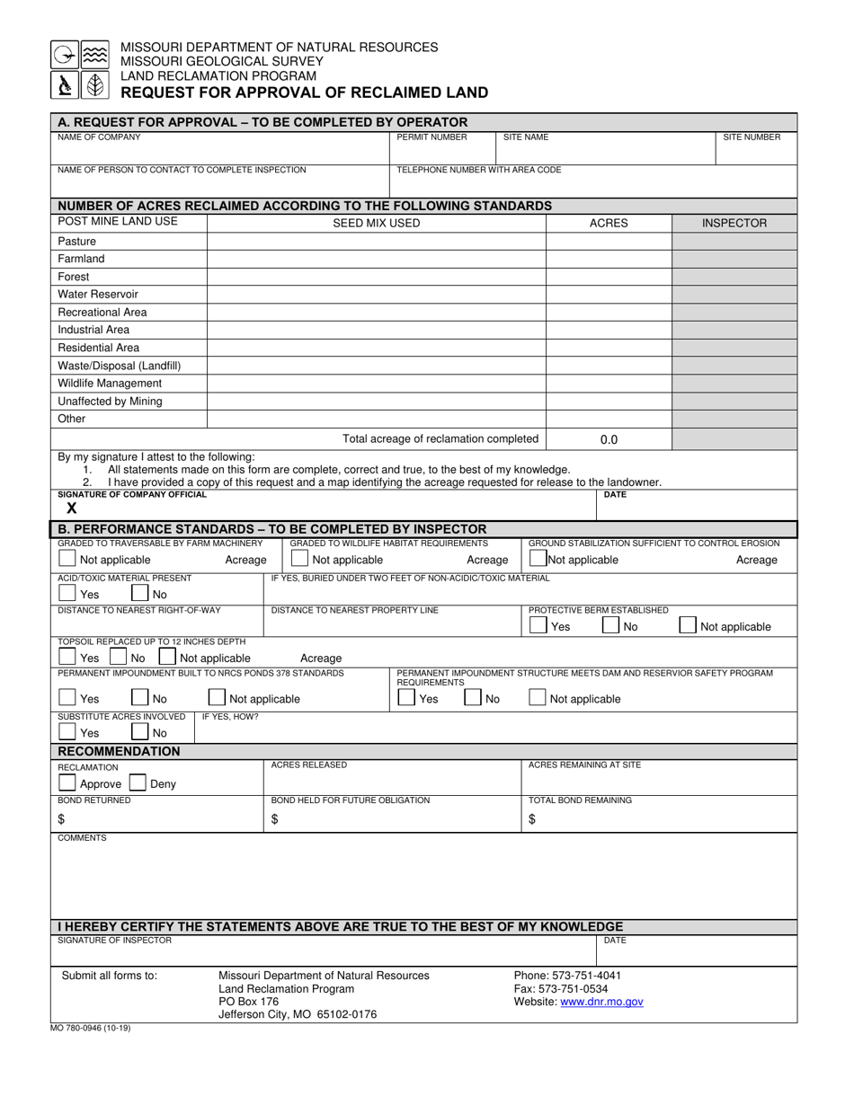 Form MO780-0946 Request for Approval of Reclaimed Land - Missouri, Page 1
