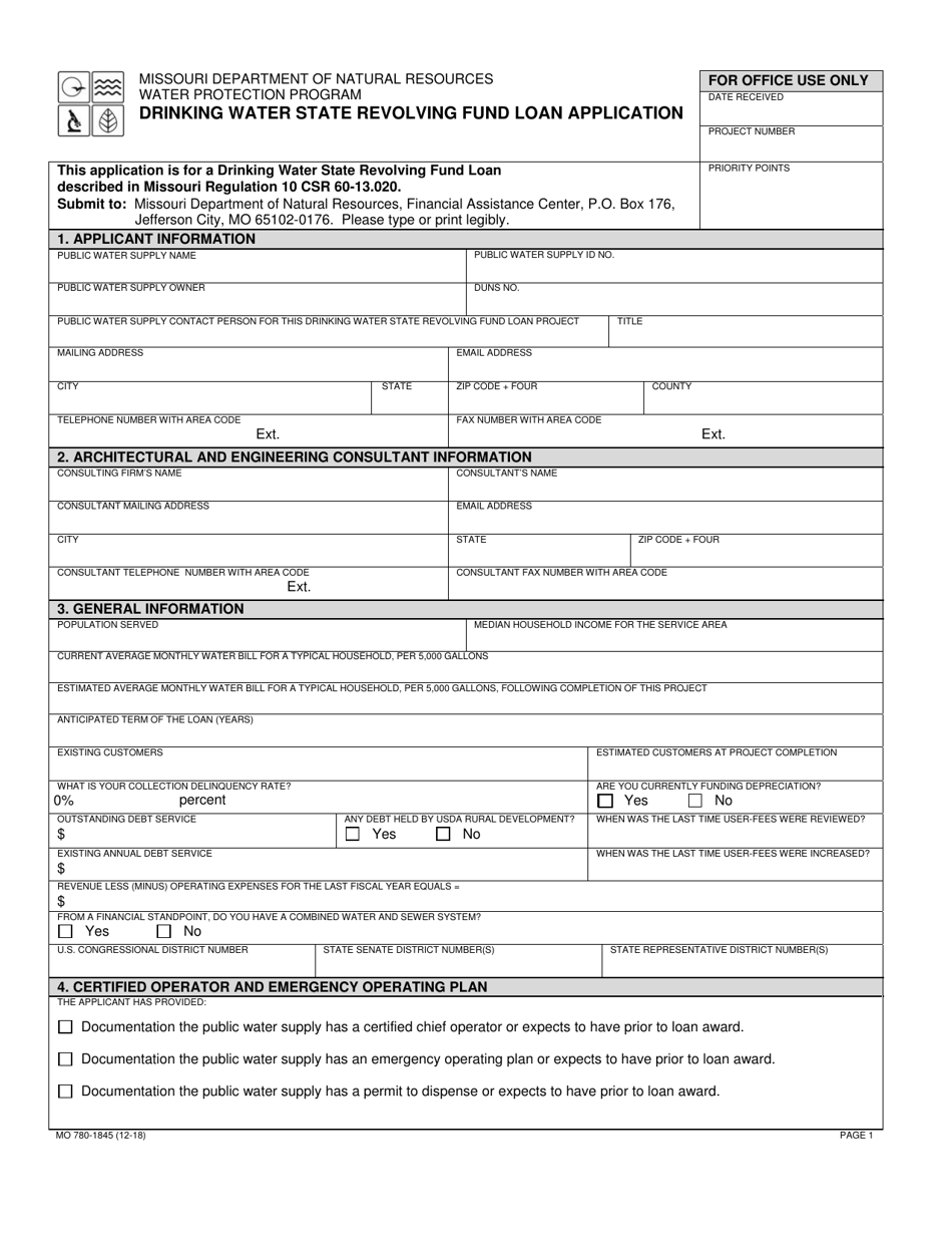 Form MO780-1845 Drinking Water State Revolving Fund Loan Application - Missouri, Page 1