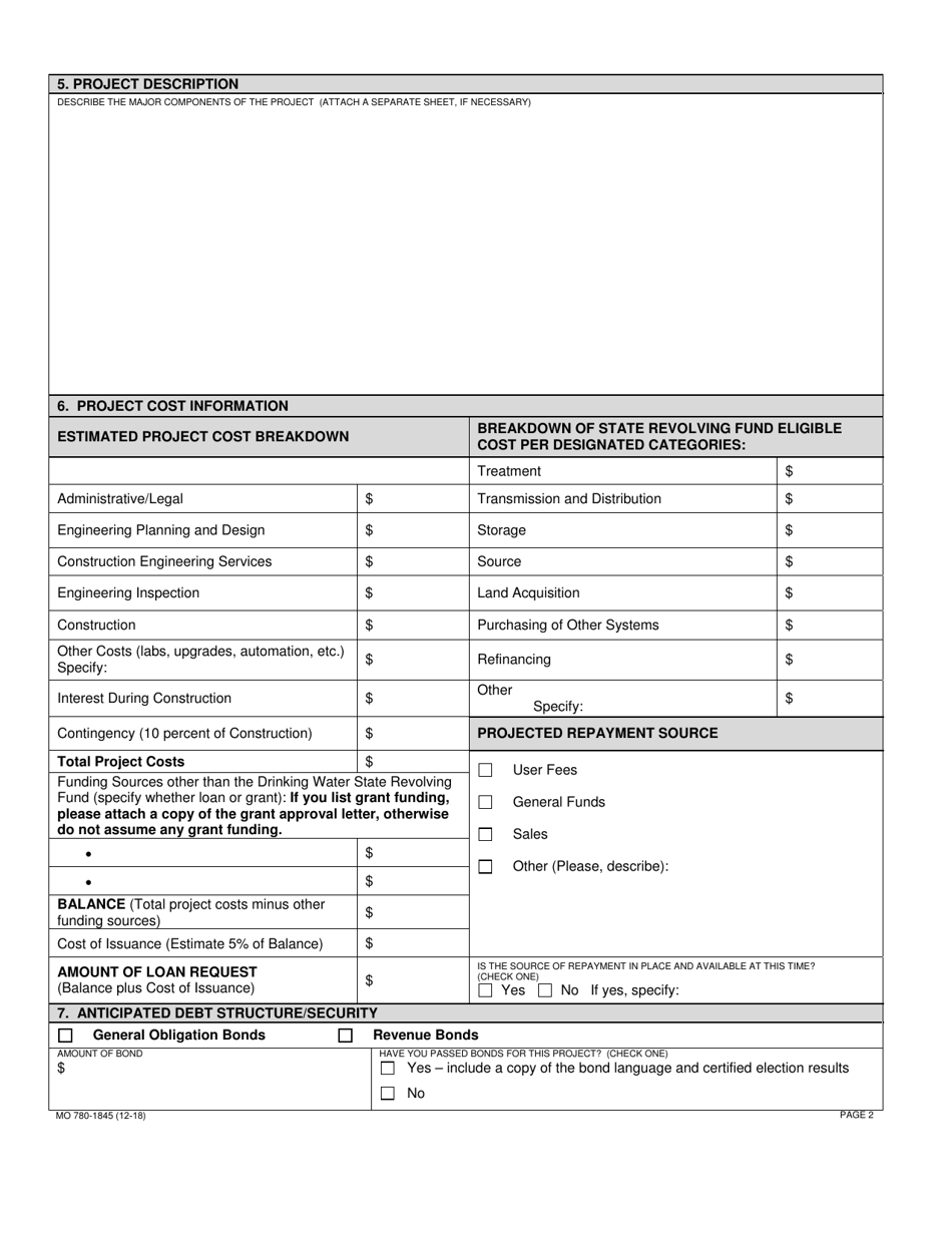 Form MO780-1845 Drinking Water State Revolving Fund Loan Application - Missouri, Page 2