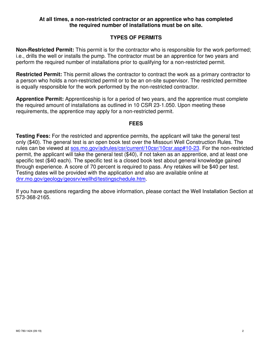 Form MO780-1424 Contractor and Apprentice Testing Application - Missouri, Page 2