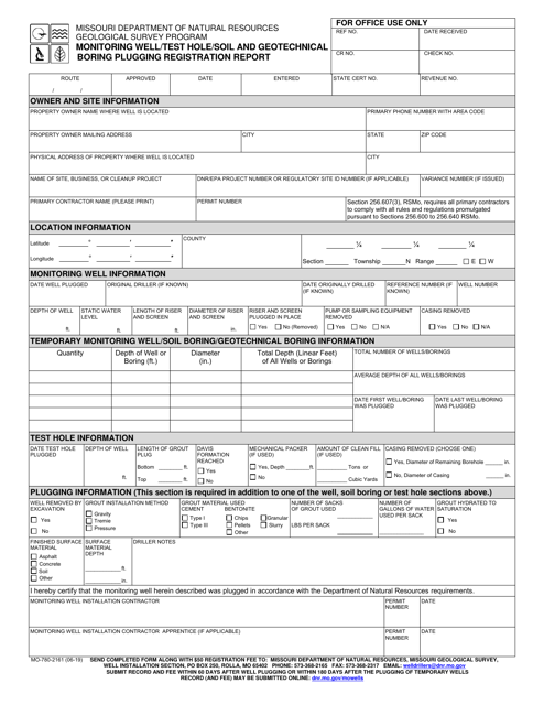 Form MO780-2161 Monitoring Well/Test Hole/Soil and Geotechnical Boring Plugging Registration Report - Missouri